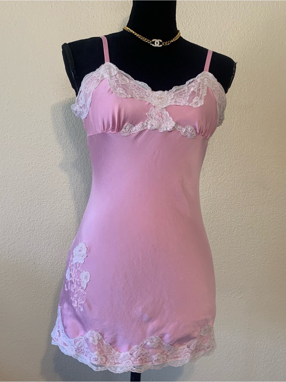 Express Pink Slip Dress with White Lace Trim